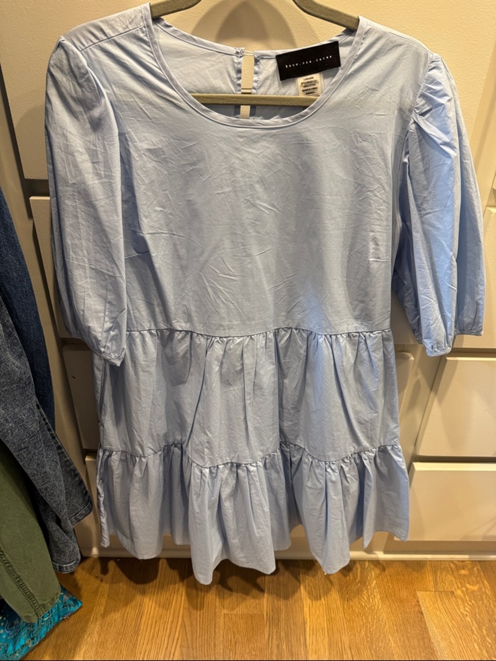 Reserved Pale Blue Tiered Puff-Sleeve Dress